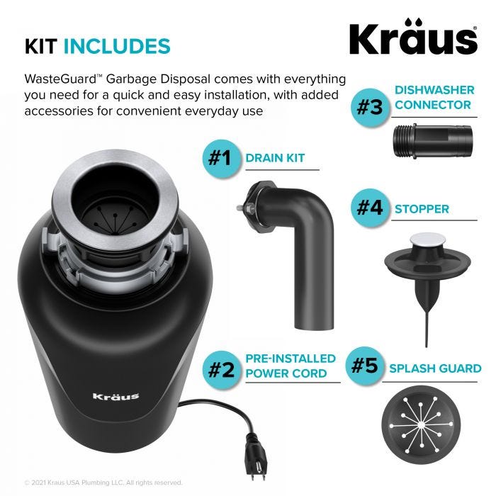 KRAUS KWD100-75MBL Continuous Feed Garbage Disposal with 3/4 HP Ultra-Quiet Motor