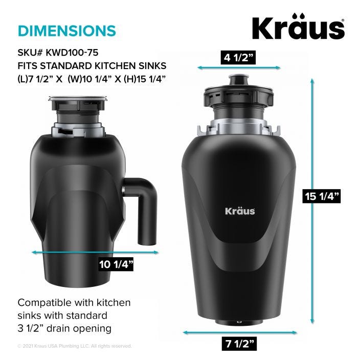 KRAUS KWD100-75MBL Continuous Feed Garbage Disposal with 3/4 HP Ultra-Quiet Motor