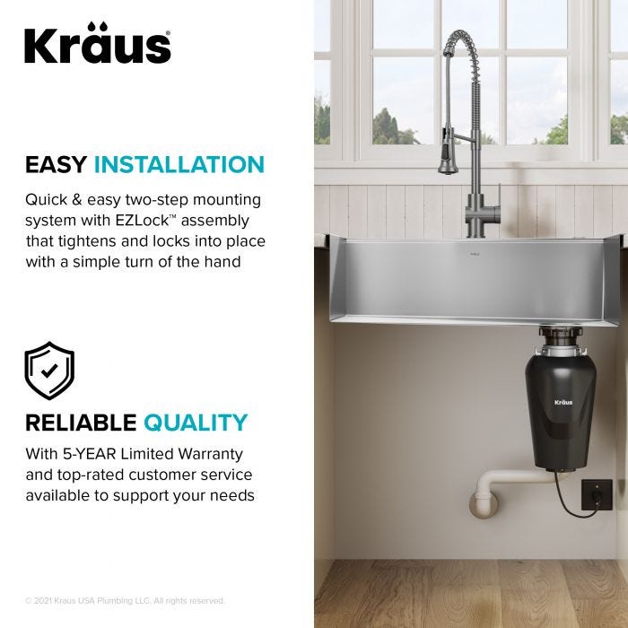 KRAUS KWD100-75MBL Continuous Feed Garbage Disposal with 3/4 HP Ultra-Quiet Motor