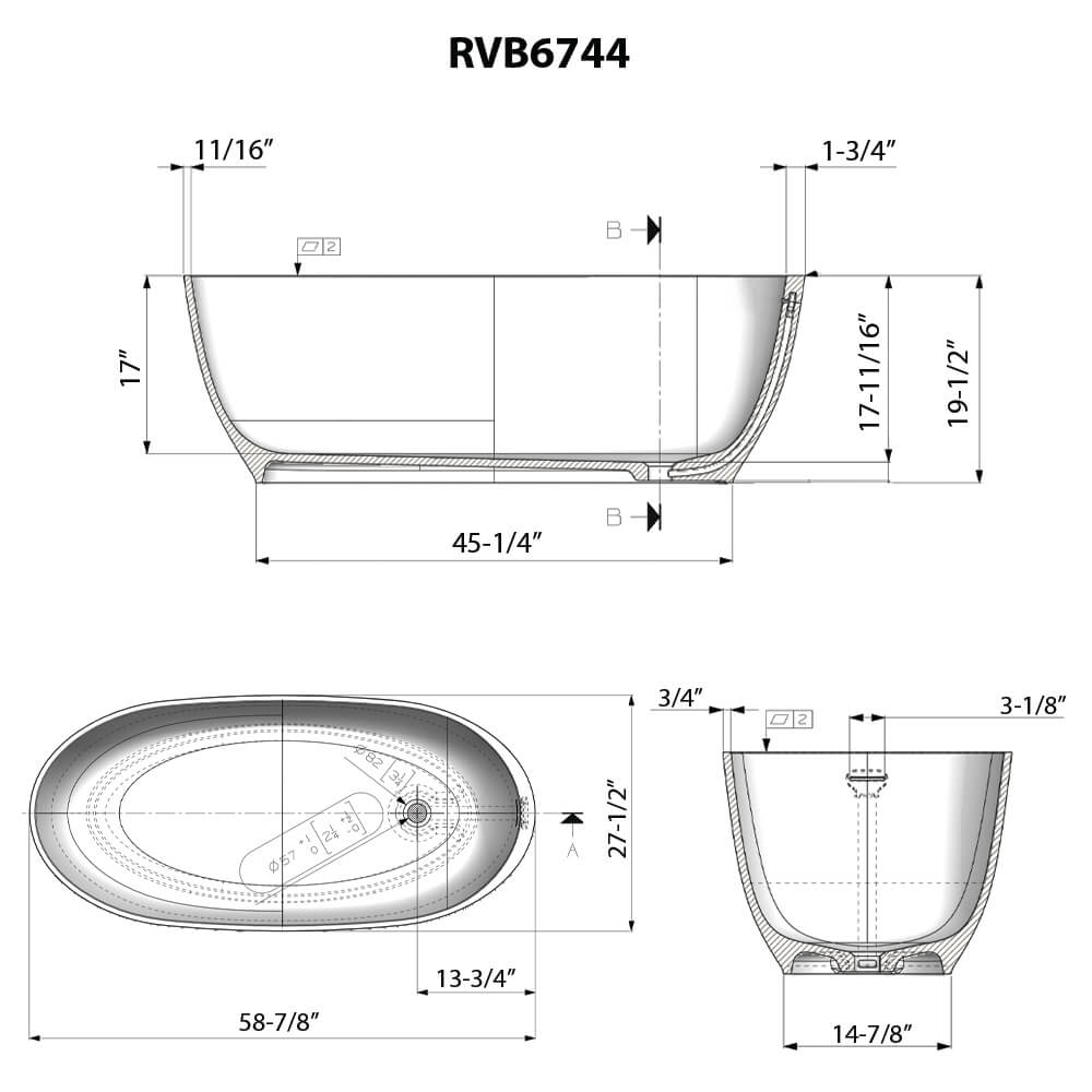 RUVATI RVB6744BK 59-inch Matte Black epiStone Solid Surface Freestanding Bath Tub