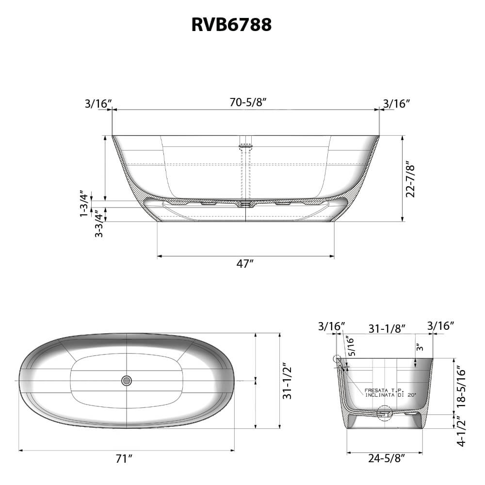 RUVATI RVB6788GW 71-inch Matte Gold and White epiStone Solid Surface Bath Tub